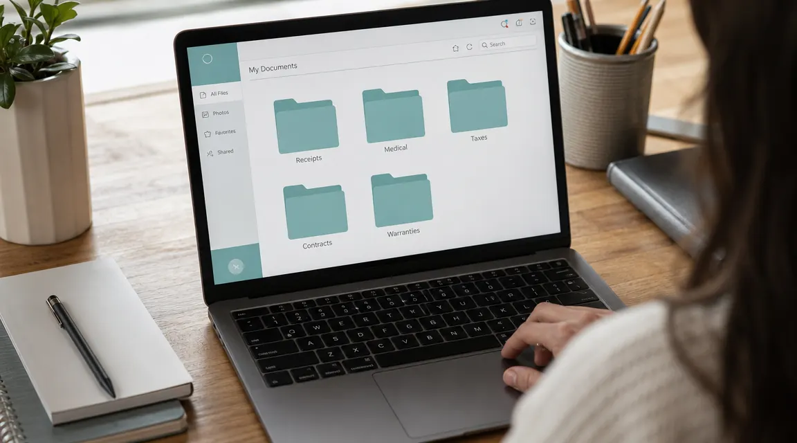Laptop screen showing a neatly organized digital folder structure for scanned home office documents sorted by year and category