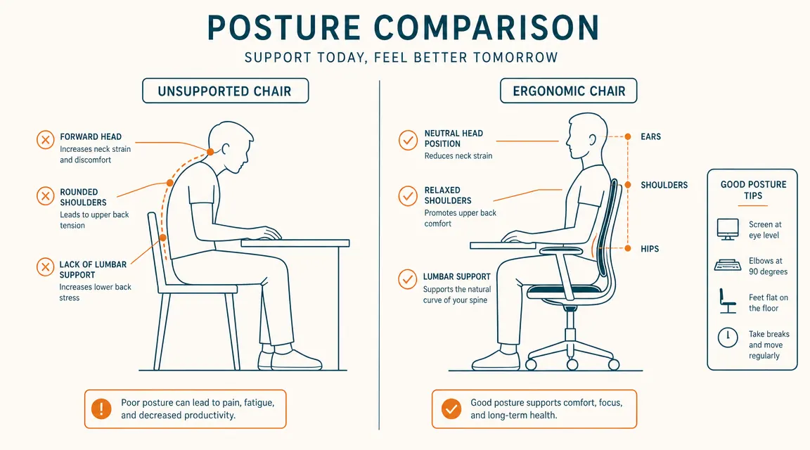 Illustration showing correct seated posture versus slouched posture side by side