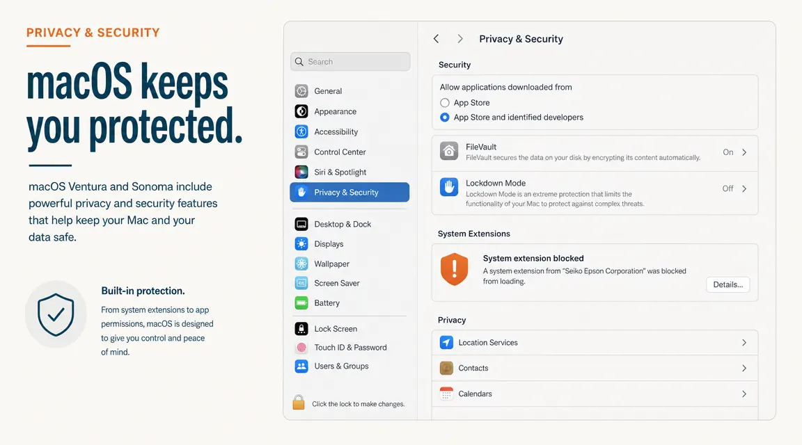 macOS security alert dialog blocking a third-party system extension from Epson