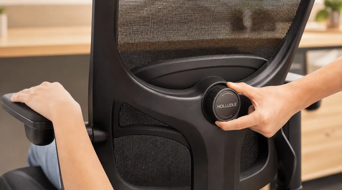 Close-up of a hand adjusting the lumbar support knob on a mesh ergonomic office chair, backrest visible in detail