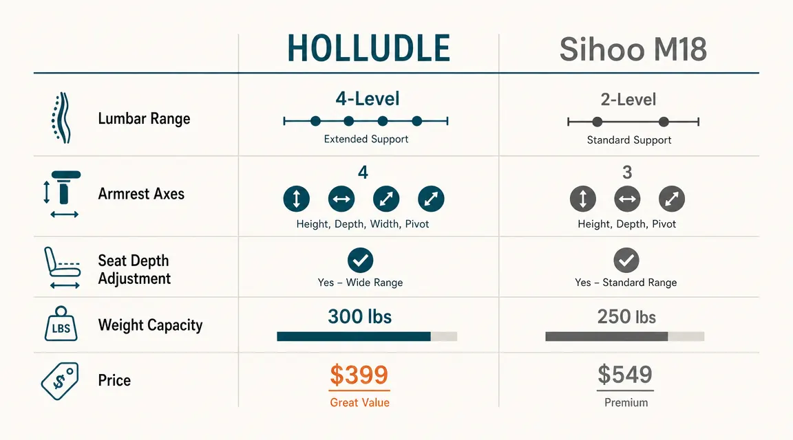 Comparison chart showing HOLLUDLE versus Sihoo scores across lumbar range, armrest axes, seat depth adjustment, weight capacity, and price