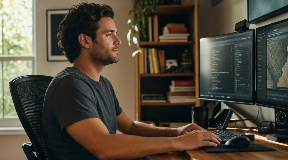 Man sitting with upright posture in a mesh ergonomic office chair at a home office desk with a dual-monitor setup