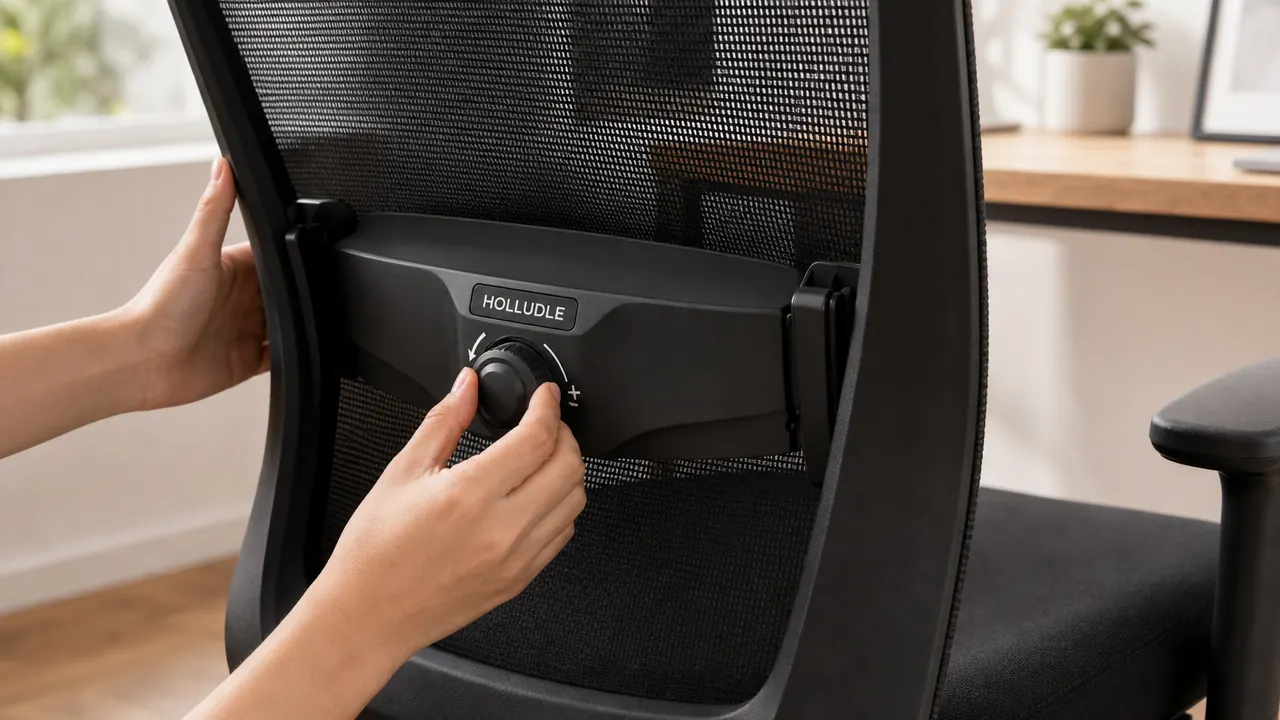 Close-up of HOLLUDLE chair lumbar support being adjusted by hand