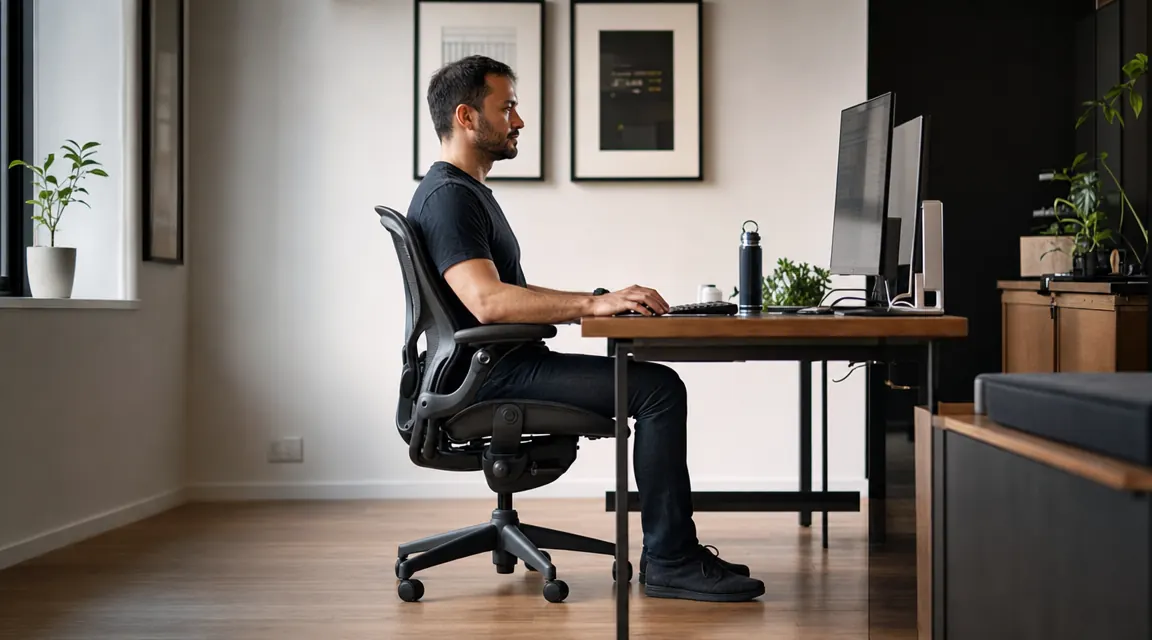 Side profile of a person sitting correctly in an ergonomic chair showing 90-degree hip angle, feet flat on floor, lumbar support engaged