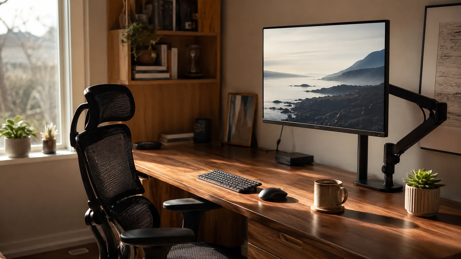 A practical home workstation in warm morning light, calm and grown-up