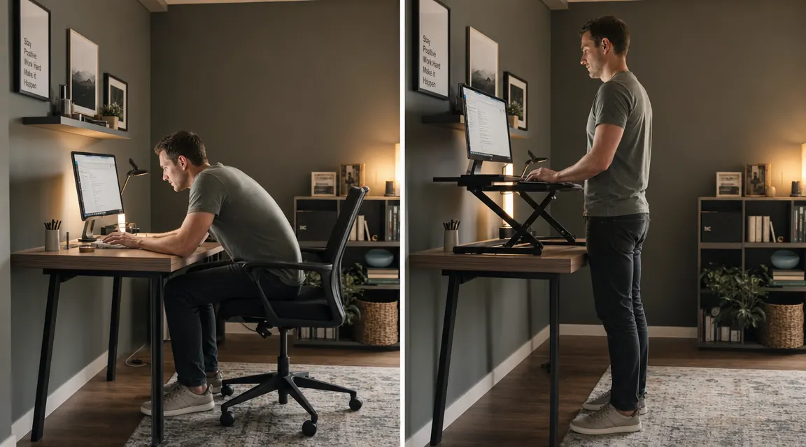 Split view showing a cluttered sitting desk versus a tidy standing desk converter setup in the same room
