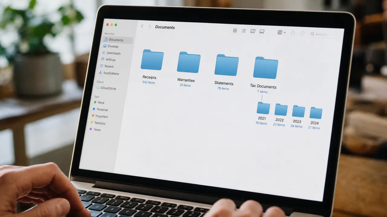 Organized digital folder structure on a laptop screen showing labeled document folders by year and category