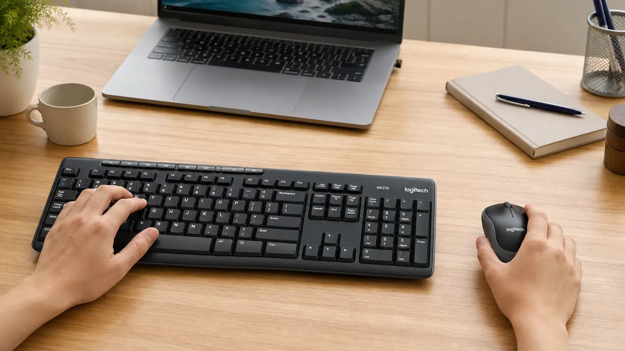 Logitech MK270 wireless keyboard and mouse sitting cleanly on a desk with no visible cables