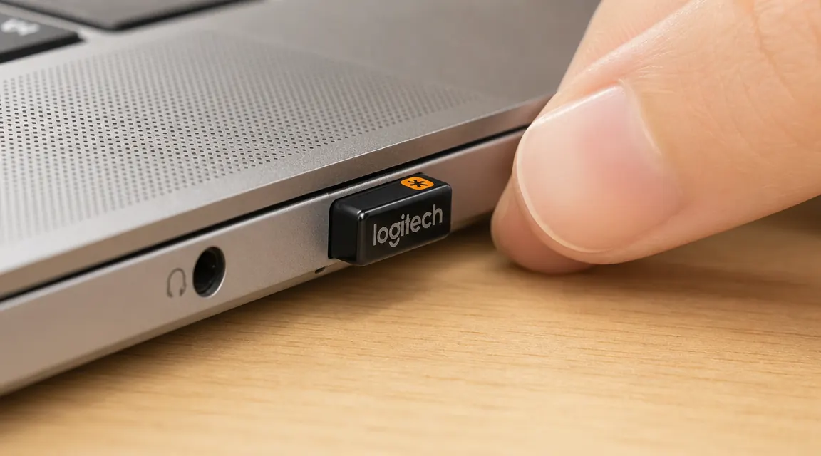Close-up of a single small USB nano-receiver plugged into a laptop port, barely visible