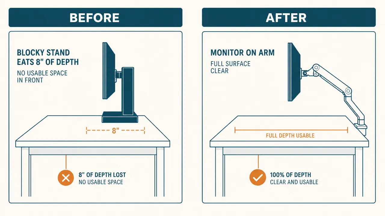 Before and after comparison showing a cluttered monitor-stand desk versus a clean monitor-arm desk with open surface