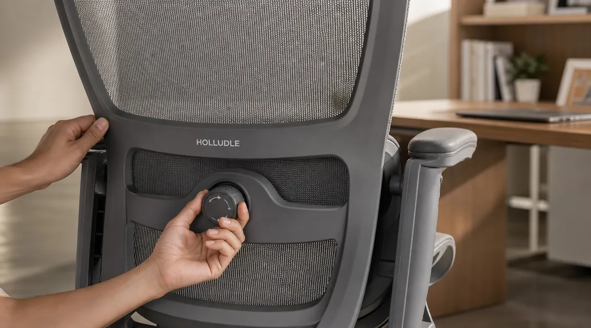 Close-up of a black mesh ergonomic office chair showing the lumbar support mechanism and 3D adjustable armrests