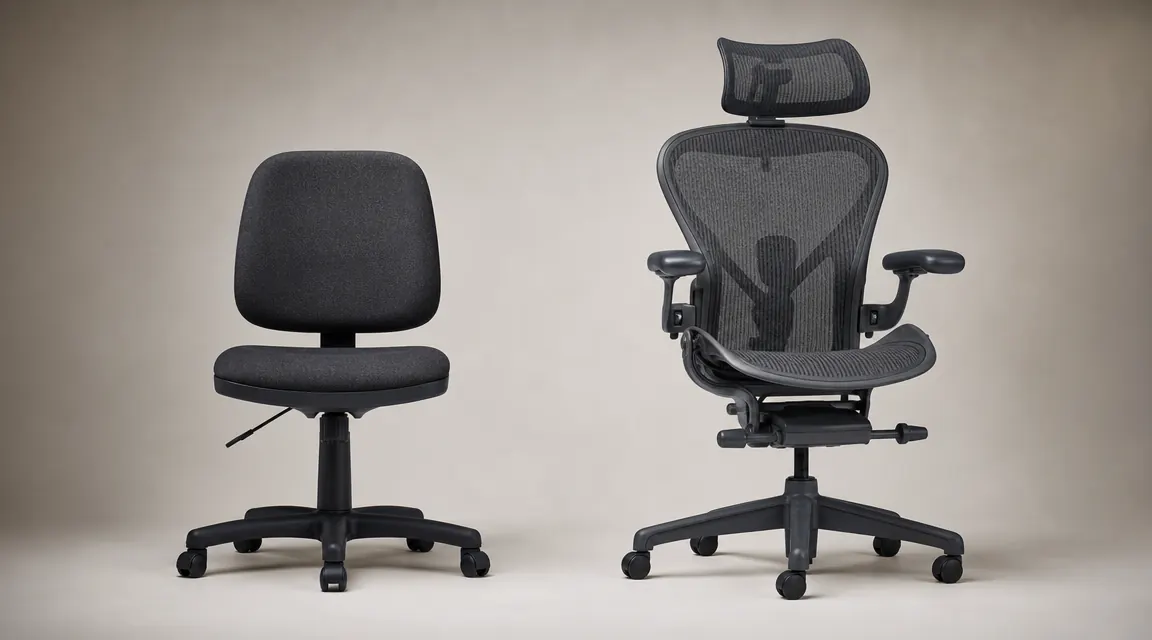A worn, low-back budget office chair placed next to a modern ergonomic mesh chair showing the contrast in lumbar support height