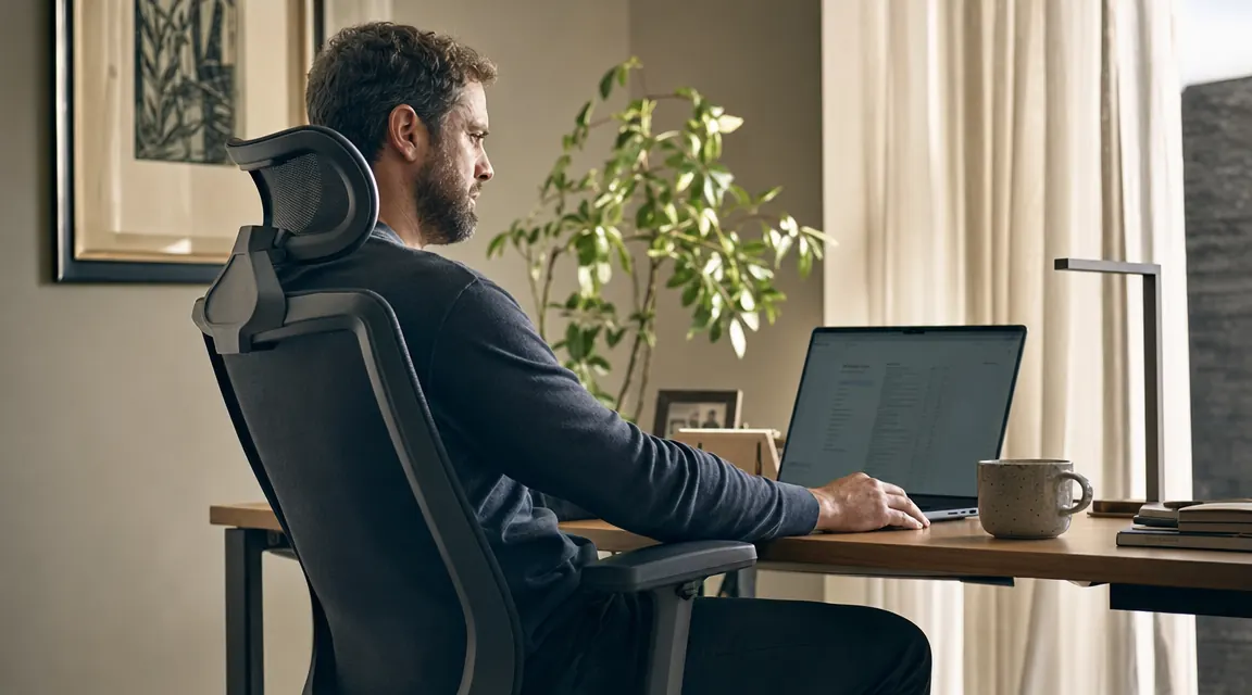 Man sitting relaxed at a desk in a mesh office chair, looking at a laptop, posture visibly upright and comfortable