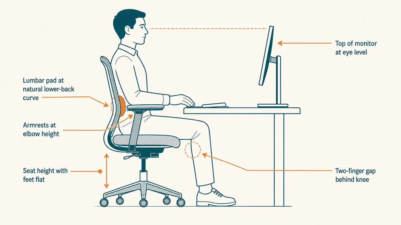 Illustrated diagram of a seated person in an ergonomic chair with labeled arrows pointing to seat height, lumbar curve, armrest position, and monitor eye level