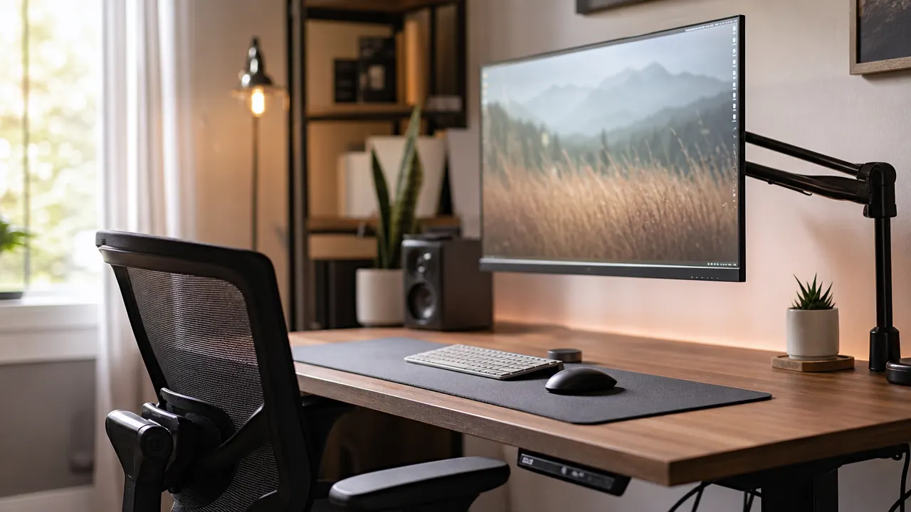 Clean home office desk setup with a mesh ergonomic chair pulled up to a monitor mounted on an adjustable arm at eye level
