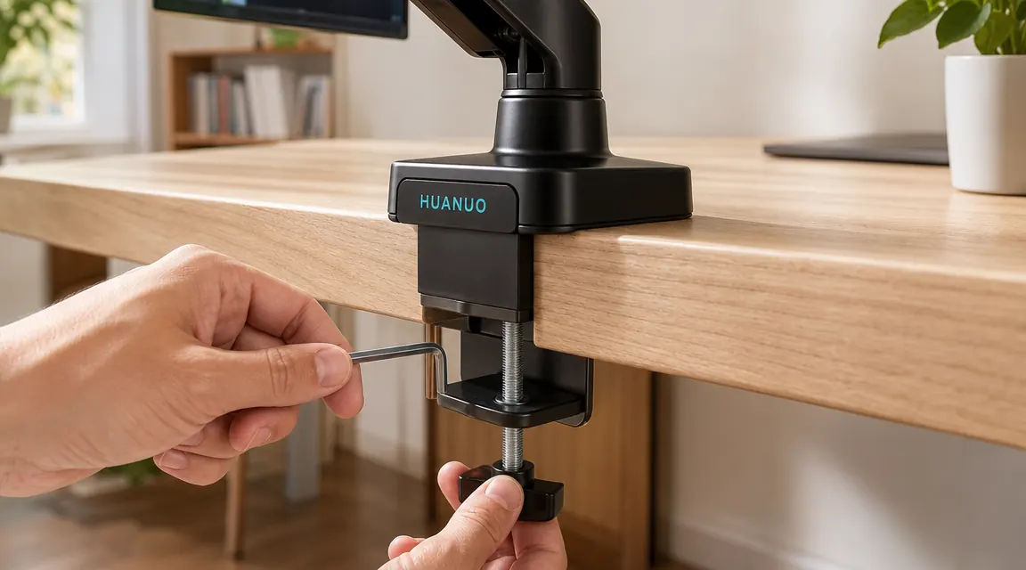 Close-up of a monitor arm clamp with rubber protective pads visible against the underside and top surface of a wood desk edge