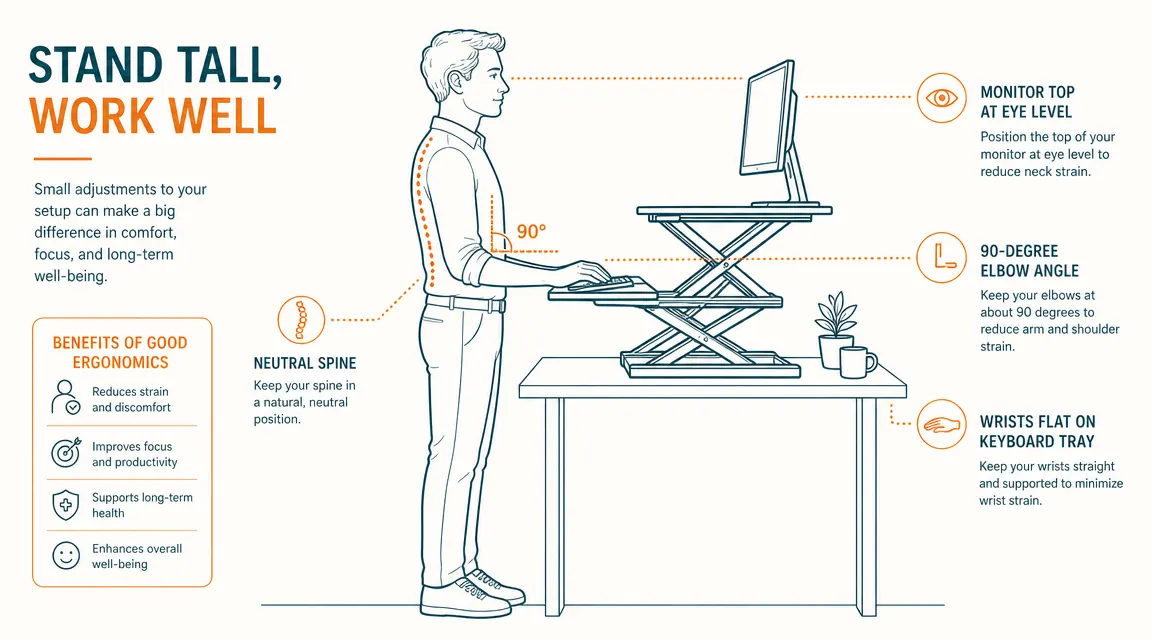 Ergonomics diagram showing correct standing posture with elbow at 90 degrees and monitor top at eye level