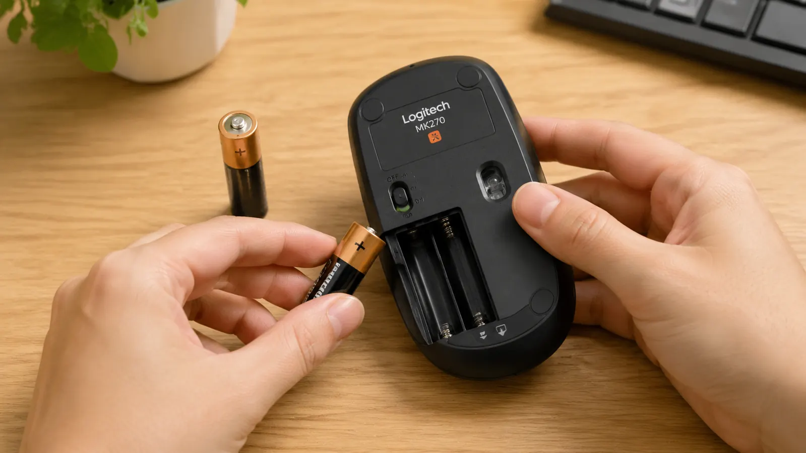 Two AA batteries next to an open wireless mouse battery compartment on a desk
