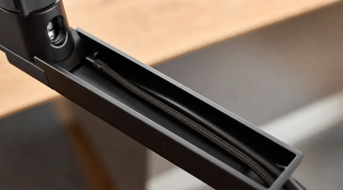 Open cable trough channel on the underside of a monitor arm with two DisplayPort and USB-C cables partially routed, showing the narrow channel width and open-top design