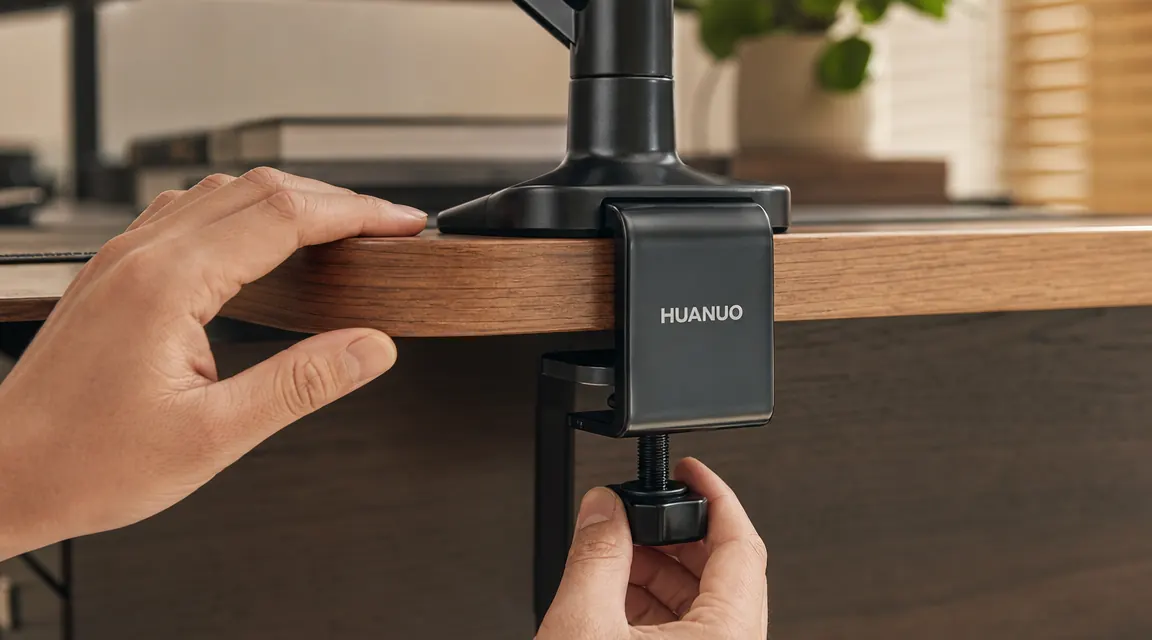 Close-up of a hand adjusting the HUANUO monitor arm clamp against the back edge of a wood desk