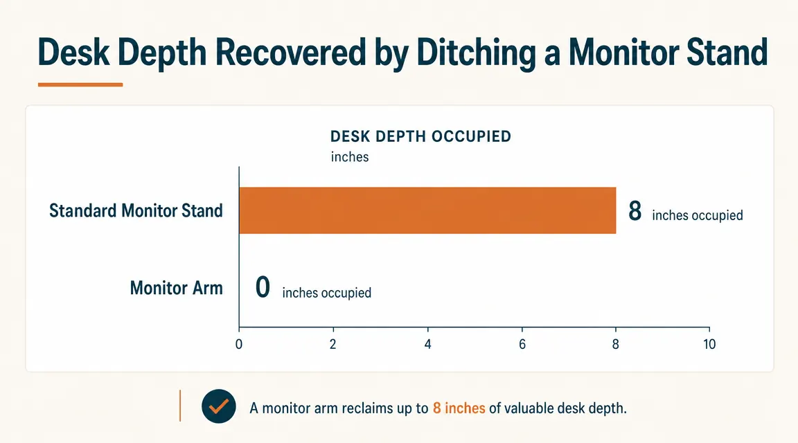 Chart comparing the desk depth recovered by using a monitor arm versus a standard monitor stand