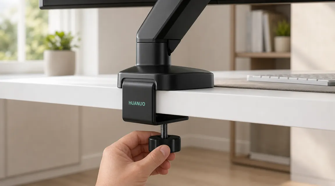 Close-up of the HUANUO monitor arm clamp mounted on a white desk edge, hand tightening the knob, 27-inch monitor visible above