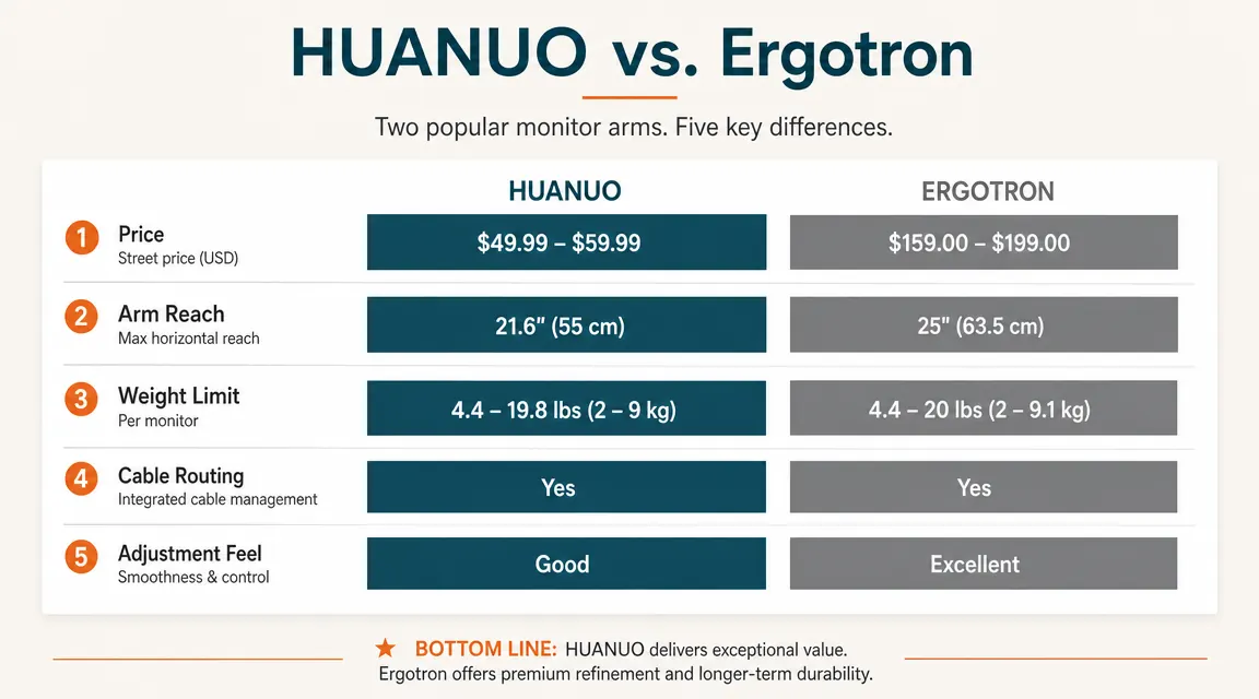 Comparison chart showing HUANUO and Ergotron LX across five categories: price, reach, weight capacity, cable management, and adjustment smoothness