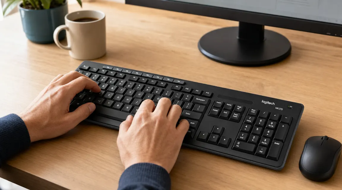 Close-up of hands typing on the Logitech MK270 keyboard showing the flat low-profile membrane keys