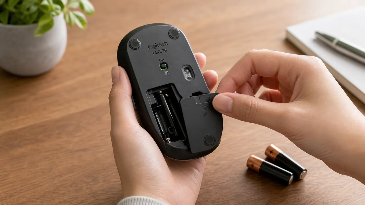 AA batteries being loaded into the bottom of the Logitech MK270 mouse battery compartment