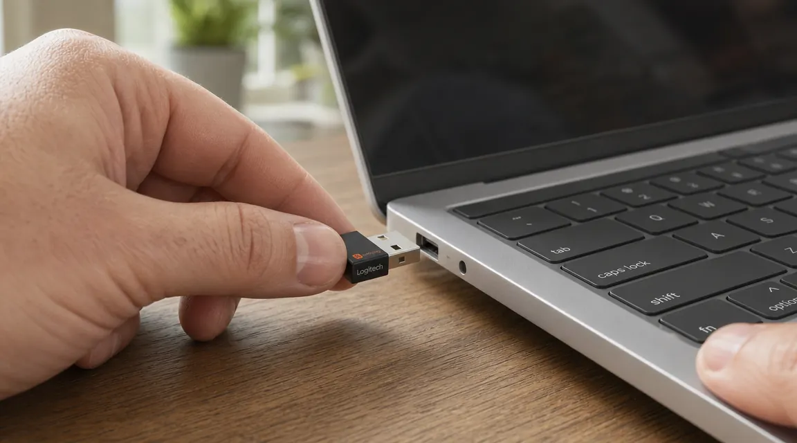 Close-up of a hand placing the Logitech Unifying receiver into a laptop USB port