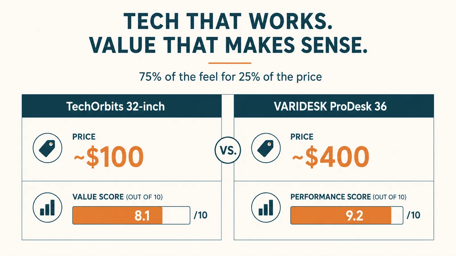 Price comparison chart showing TechOrbits at roughly $100 versus VARIDESK at roughly $400, with a value-for-money score bar underneath each