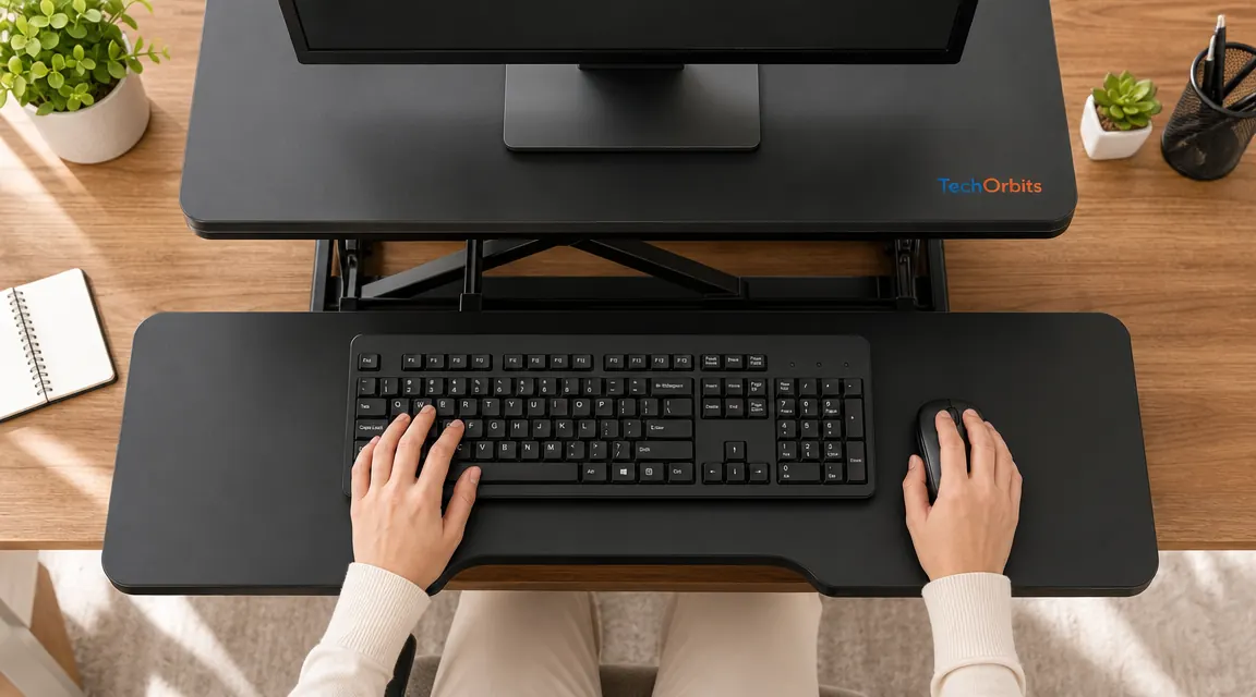 Overhead view of the TechOrbits keyboard tray showing the tray depth and mouse area side by side