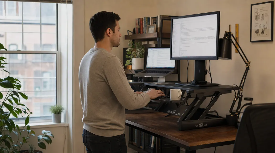 Person standing at a desk converter working on a laptop in a compact apartment office setup