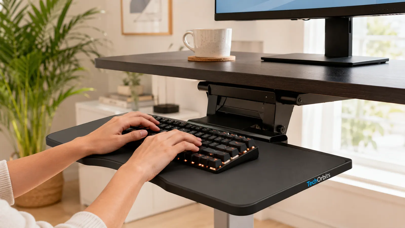 Close-up of TechOrbits standing desk converter keyboard tray showing depth and wrist rest area with a mechanical keyboard placed on it